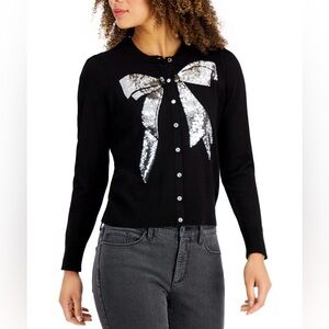 NWT Charter Club Sequined-Bow Button Cardigan Deep Black Biz Casual Dressy